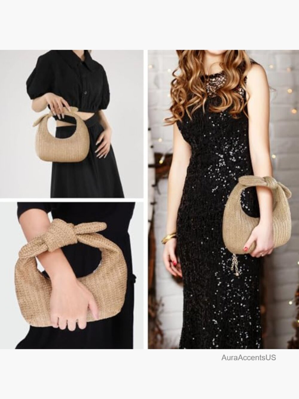 Woven Straw Inspired Tote Bag with Bow Top Handle Summer Clutch Purse Handbag - Picture 6 of 7